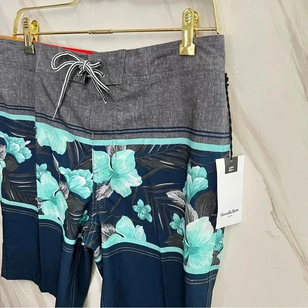 Board Shorts Swim Size 32 Navy Gray Teal Hawaiian Floral 10